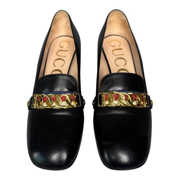 Gucci Sylvie Black Leather Chain Web Stripe Block Heel Pumps Shoes 38.5 US 8.5 - Picture 3 of 15